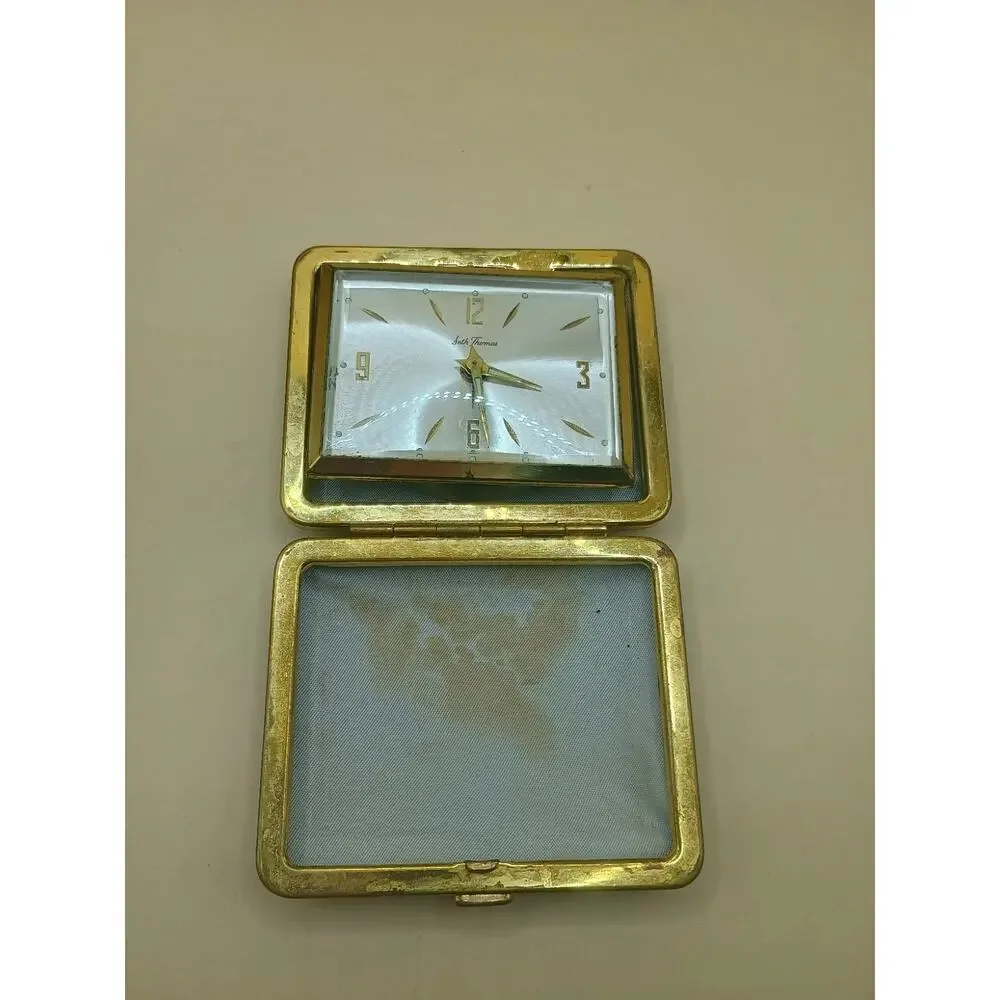 Vintage Seth Thomas Travel Alarm Clock, Germany, Gold Tone Folding Case, 3